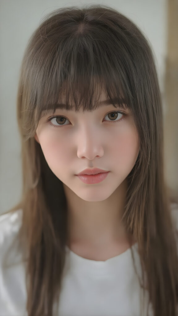 super realistic, detailed portrait, a beautiful young Asian teen girl with long soft straight dark hair bangs, round face, dark detailed eyes, looks sweetly into the camera, she wears a short white t-shirt