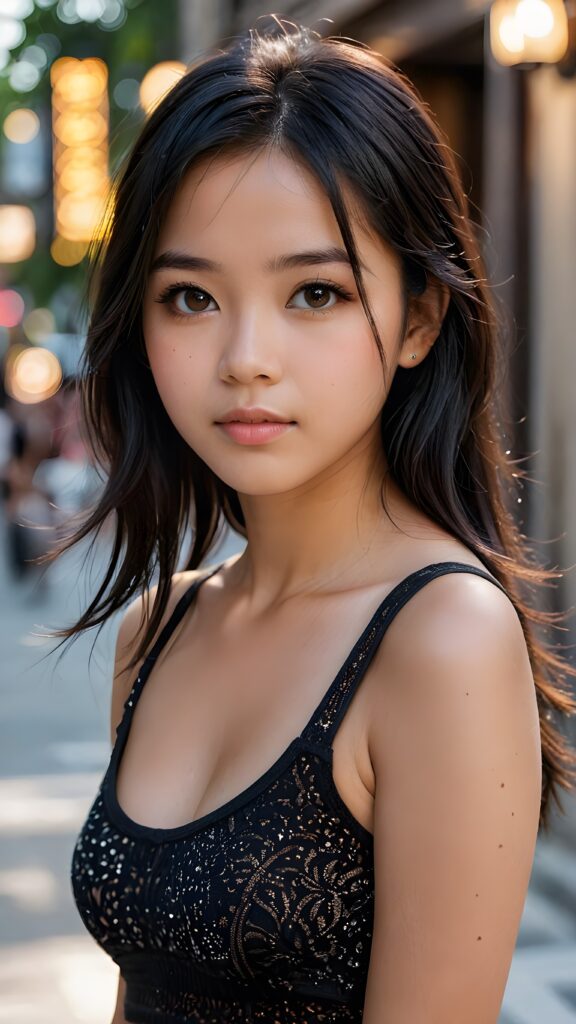 super realistic, cinematic lights, detailed face, perfect curved body, cute 16 years old asia girl, long detailed straight soft black hair, brown detailed eyes, wear short tight tank top, looks sadly at the camera, portrait shot