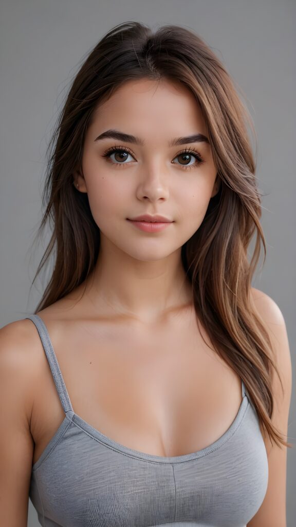 super realistic, 4k, detailed face, perfect curved body, well busty cute young girl, straight hair, crop top, looks at the camera, portrait shot, grey background