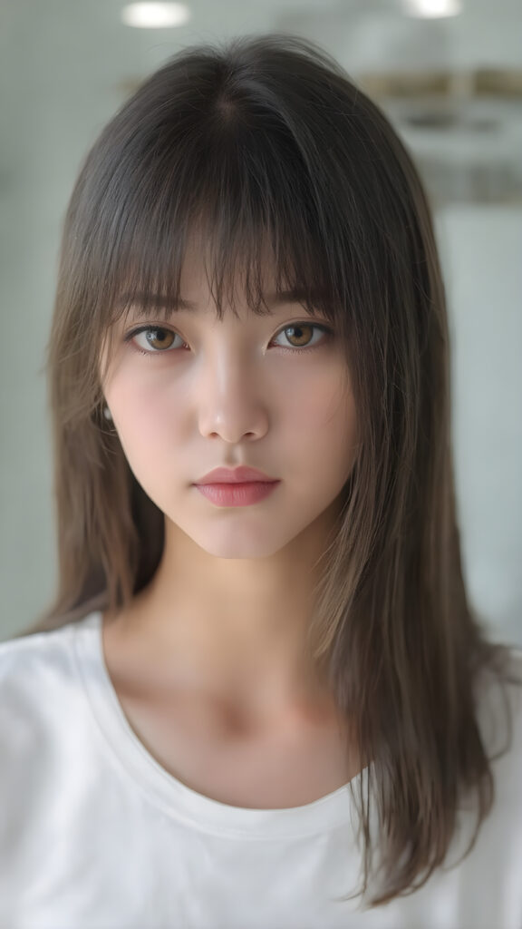 super realistic, detailed upper body portrait, a beautiful young Japanese teen girl with long soft straight dark brown hair bangs, round face, dark detailed eyes, looks sweetly into the camera, she wears a short white t-shirt