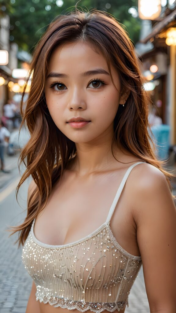 super realistic, cinematic lights, detailed face, perfect curved body, cute 16 years old asia girl, long detailed straight amber hair, brown detailed eyes, wear short tight tank top, looks sadly at the camera, portrait shot