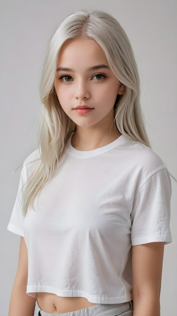 super realistic, detailed upper-body portrait, a beautiful young teen girl, 14 years old, perfect body, ((with long soft platinum white straight hair)), and ((full lips)), looks sweetly into the camera, she wears a thin ((white crop t-shirt)) against ((light background))