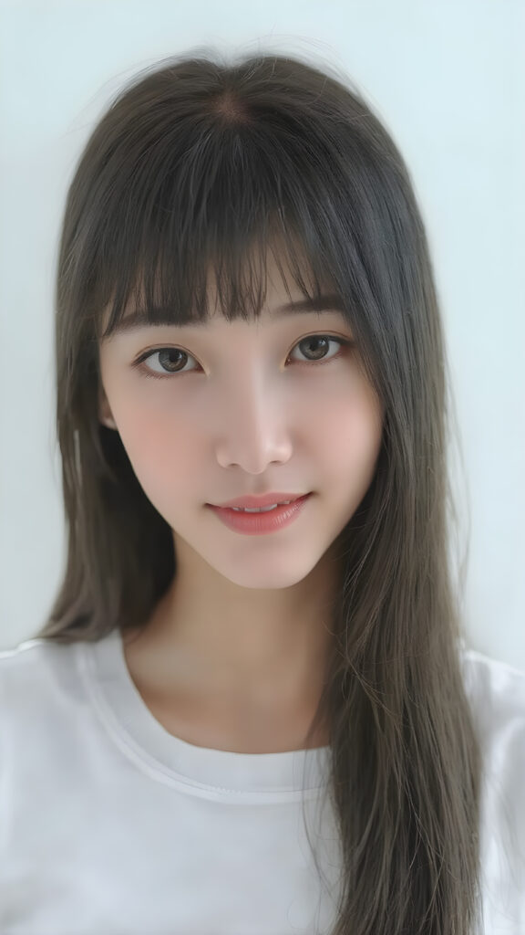 super realistic, detailed upper body portrait, a beautiful young Korean teen girl with long soft straight jet black hair bangs, round face, dark detailed eyes, looks sweetly into the camera, she wears a short white t-shirt, K-Drama Style