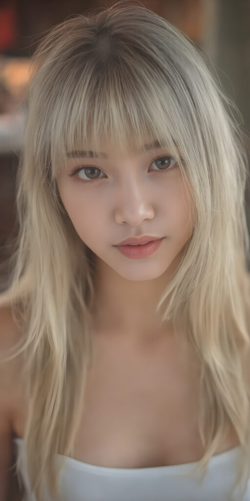 super realistic, 4k, detailed face, perfect curved body, cute Korean teen girl, long blonde straight soft hair, styled bangs, wear only a white short tight crop tank top, looks at the camera, perfect body, portrait shot