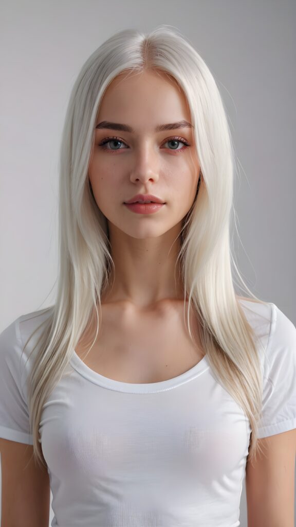 super realistic, detailed upper-body portrait, a beautiful young and petite girl, perfect body, ((with long soft platinum white straight hair)), and ((full lips)), looks sweetly into the camera, she wears a thin ((white crop t-shirt)) against ((light background))