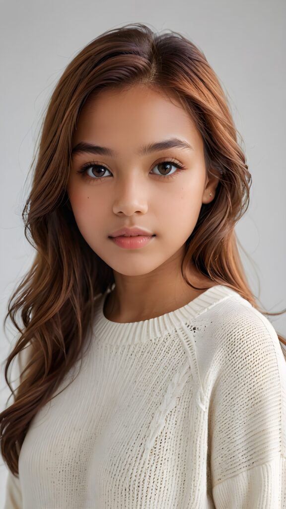 super realistic, detailed portrait, a beautiful young brown-skinned teen girl, 14 years old, perfect body, with long soft brown straight hair, and ((full lips)), looks sweetly into the camera, she wears a thin crop ((white sweater)) against ((light background))