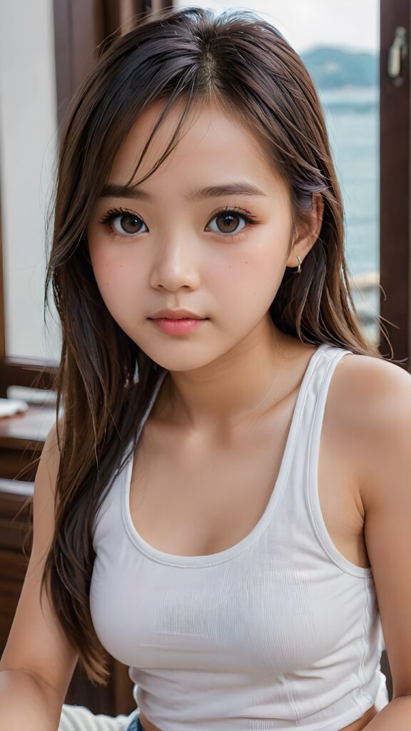 super realistic, detailed face, cute 14 years old Asian girl, long straight hair, realistic detailed eyes, wear white short tight tank top, looks sadly at the camera, perfect curved body