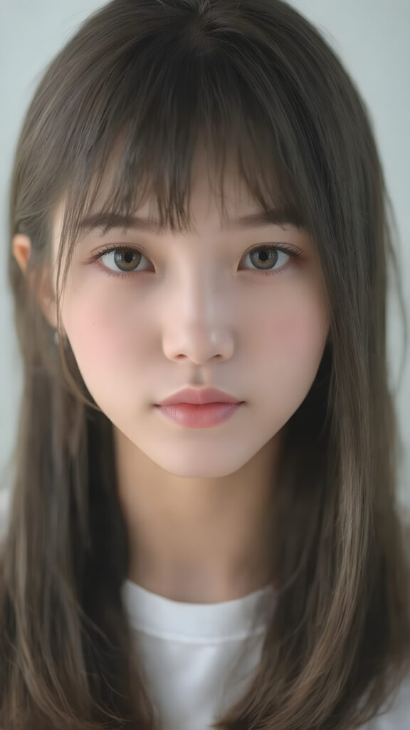 super realistic, detailed upper body portrait, a beautiful young Japanese teen girl with long soft straight dark brown hair bangs, round face, dark detailed eyes, looks sweetly into the camera, she wears a short white t-shirt