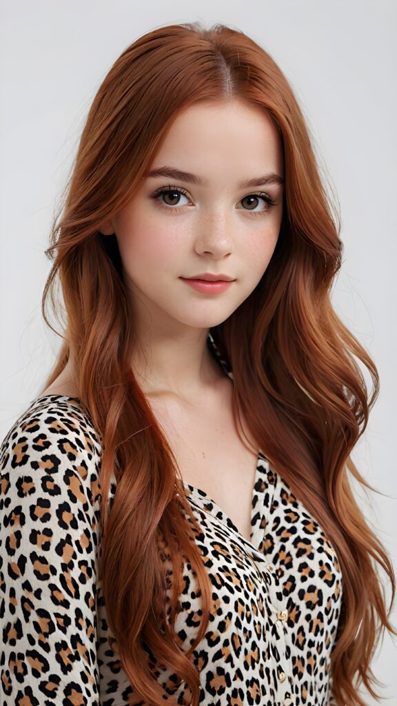 super realistic, 4k, detailed face, perfect curved body, cute young teen girl, long straight red hair, looks at the camera, portrait shot, white background, dressed in leopard pattern