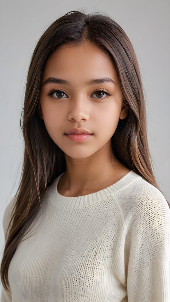 super realistic, detailed portrait, a beautiful young brown-skinned teen girl, 14 years old, perfect body, ((with long soft straight hair)), and ((full lips)), looks sweetly into the camera, she wears a thin crop ((white sweater)) against ((light background))