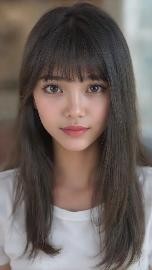 super realistic, detailed portrait, a beautiful young Asian teen girl with long soft straight dark hair bangs, round face, dark detailed eyes, looks sweetly into the camera, she wears a short white t-shirt