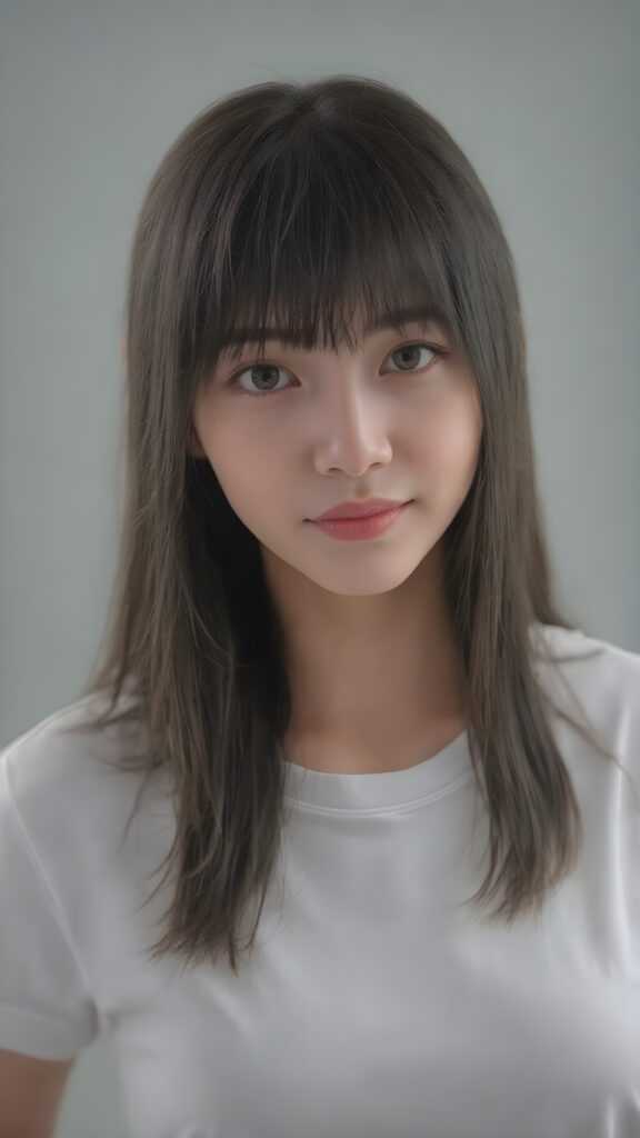 super realistic, detailed upper body portrait, a beautiful young Korean teen girl with long soft straight jet black hair bangs, round face, dark detailed eyes, looks sweetly into the camera, she wears a short white t-shirt, K-Drama Style