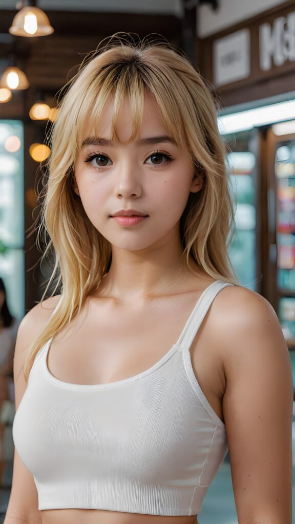 super realistic, 4k, detailed face, perfect curved body, cute teen girl, long blonde straight soft hair, Korean styled bangs, wear only a white short tight crop tank top, looks at the camera, perfect body, portrait shot