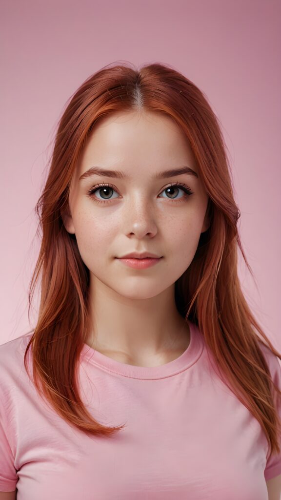 super realistic, 4k, detailed face, perfect curved body, cute young teen girl, long straight (light red hair), looks at the camera, portrait shot, white background, ((pink t-shirt))