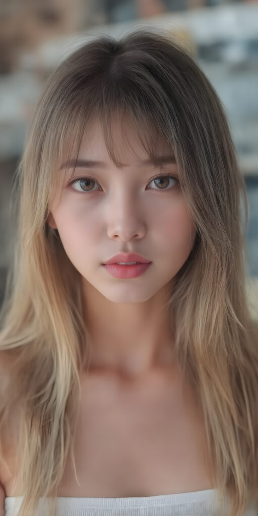 super realistic, 4k, detailed face, perfect curved body, cute Asian teen girl, long blonde straight soft hair, styled bangs, wear only a white short tight crop tank top, looks at the camera, perfect body, portrait shot