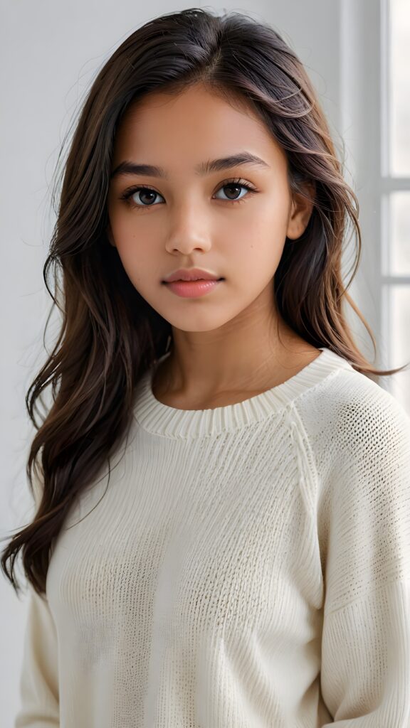 super realistic, detailed portrait, a beautiful young brown-skinned teen girl, 14 years old, perfect body, with long soft black straight hair, and ((full lips)), looks sweetly into the camera, she wears a thin crop ((white sweater)) against ((light background))