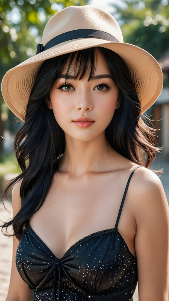 the blonde busty girl is incredibly beautiful, with a unique and very beautiful face, and very ((long, shiny, lustrous, silky black hair)) with bangs that frame the face, in an elegant up do, with a wide-brimmed hat, she is wearing a luxurious summer cropped tank top, elaborate, sophisticated, elegant, with a subtle shimmer, delicate, very detailed, real, hyper-realistic, 8k, impressive, deep, special, unique, extremely charming, beautiful, stunning, eye-catching, breathtaking, special, Korean, impressive, breathtaking, deep, special