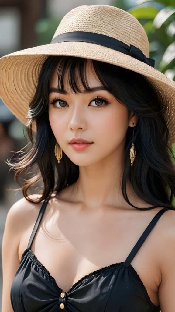 the blonde busty girl is incredibly beautiful, with a unique and very beautiful face, and very ((long, shiny, lustrous, silky black hair)) with bangs that frame the face, in an elegant up do, with a wide-brimmed hat, she is wearing a luxurious summer cropped tank top, elaborate, sophisticated, elegant, with a subtle shimmer, delicate, very detailed, real, hyper-realistic, 8k, impressive, deep, special, unique, extremely charming, beautiful, stunning, eye-catching, breathtaking, special, Korean, impressive, breathtaking, deep, special