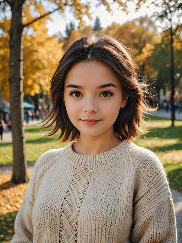 the cutest girl in a park in a wool sweater