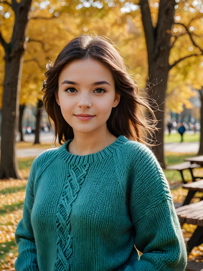 the cutest girl in a park in a wool sweater