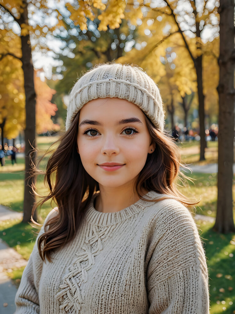 the cutest girl in a park in a wool sweater