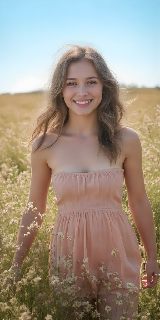 this brown-haired young well busty teen girl radiates pure happiness, standing in a field of flowers and wearing a thin summer dress that perfectly emphasizes her perfect curved body. Warm rays of sunshine kiss her body, stunning, gorgeous, detailed