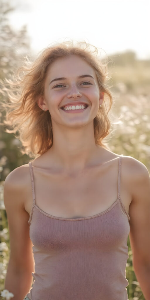 this red-haired young teen girl radiates pure happiness, standing in a field of flowers and wearing a thin tank top that perfectly emphasizes her perfect body. Warm rays of sunshine kiss her body and she smiles