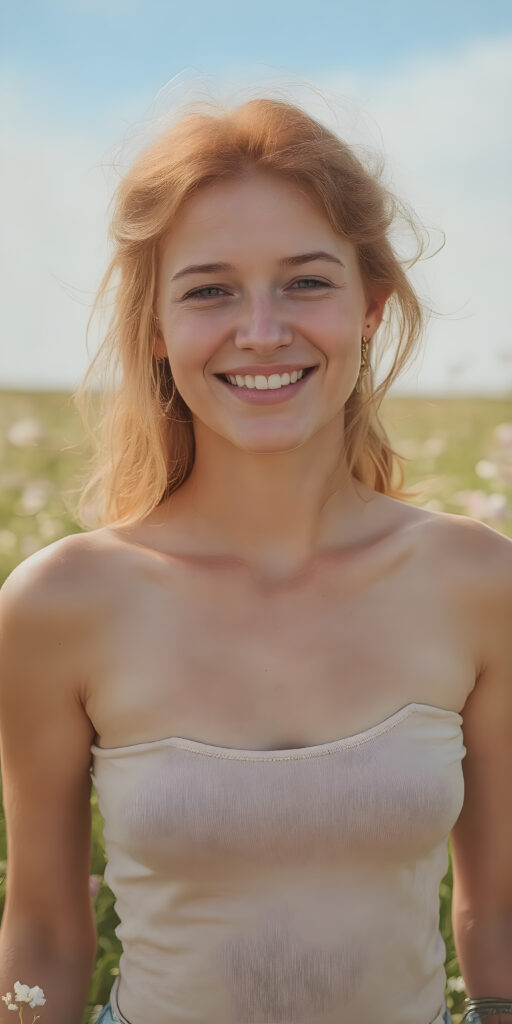 this red-haired young teen girl radiates pure happiness, standing in a field of flowers and wearing a thin tank top that perfectly emphasizes her perfect body. Warm rays of sunshine kiss her body and she smiles