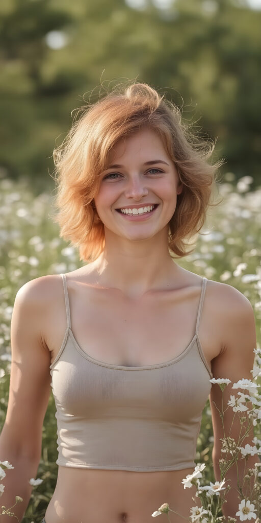 this red-haired young teen girl radiates pure happiness, standing in a field of flowers and wearing a thin tank top that perfectly emphasizes her perfect body. Warm rays of sunshine kiss her body and she smiles