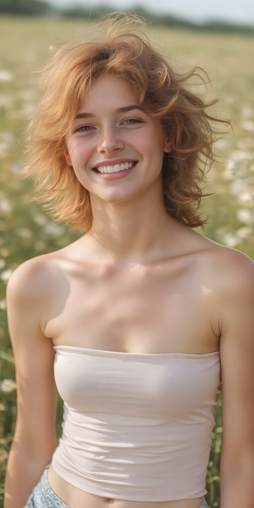 this red-haired young teen girl radiates pure happiness, standing in a field of flowers and wearing a thin tank top that perfectly emphasizes her perfect body. Warm rays of sunshine kiss her body and she smiles