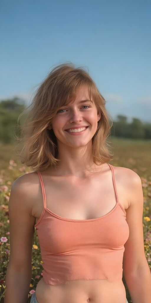 this red-haired young teen girl radiates pure happiness, standing in a field of flowers and wearing a thin tank top that perfectly emphasizes her perfect body. Warm rays of sunshine kiss her body and she smiles