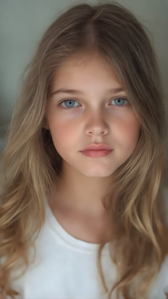 this young girl has beautiful long soft wavy hair, it falls over her shoulders and has a silky sheen, she wears a white t-shirt, round face, full lips, beatiful eyes (Portrait Close-up Volumetric lighting)