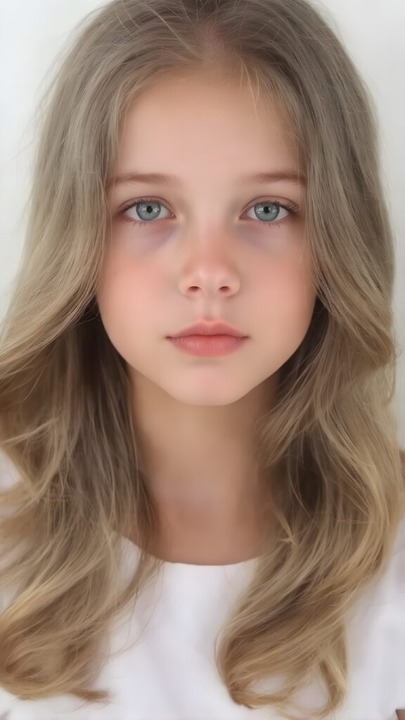 this young girl has beautiful long soft wavy hair, it falls over her shoulders and has a silky sheen, she wears a white t-shirt, round face, full lips, beatiful eyes (Portrait Close-up Volumetric lighting)