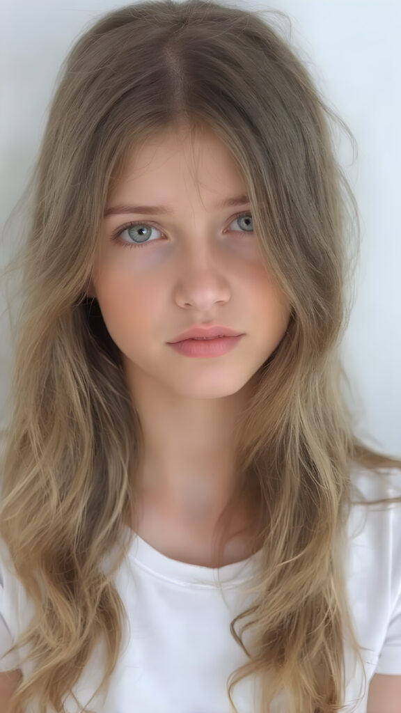 this young girl has beautiful long soft wavy hair, it falls over her shoulders and has a silky sheen, she wears a white t-shirt, round face, full lips, beatiful eyes (Portrait Close-up Volumetric lighting)