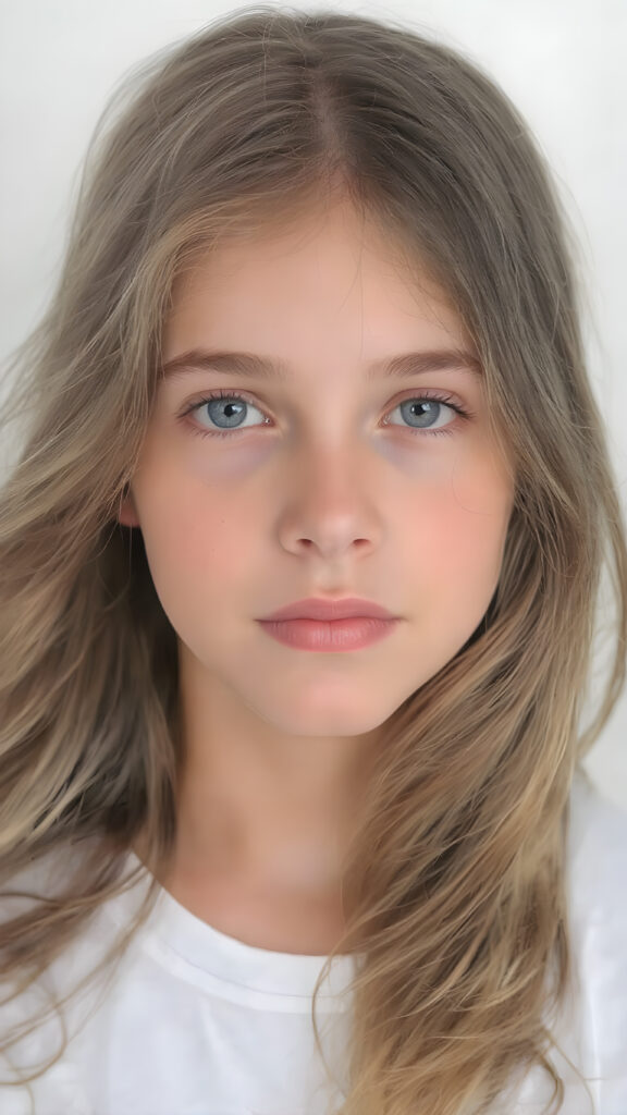 this young girl has beautiful long soft wavy hair, it falls over her shoulders and has a silky sheen, she wears a white t-shirt, round face, full lips, beatiful eyes (Portrait Close-up Volumetric lighting)