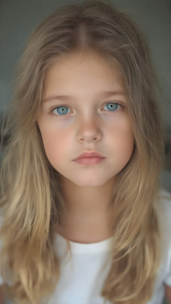 this young girl has beautiful long soft wavy hair, it falls over her shoulders and has a silky sheen, she wears a white t-shirt, round face, full lips, beatiful eyes (Portrait Close-up Volumetric lighting)