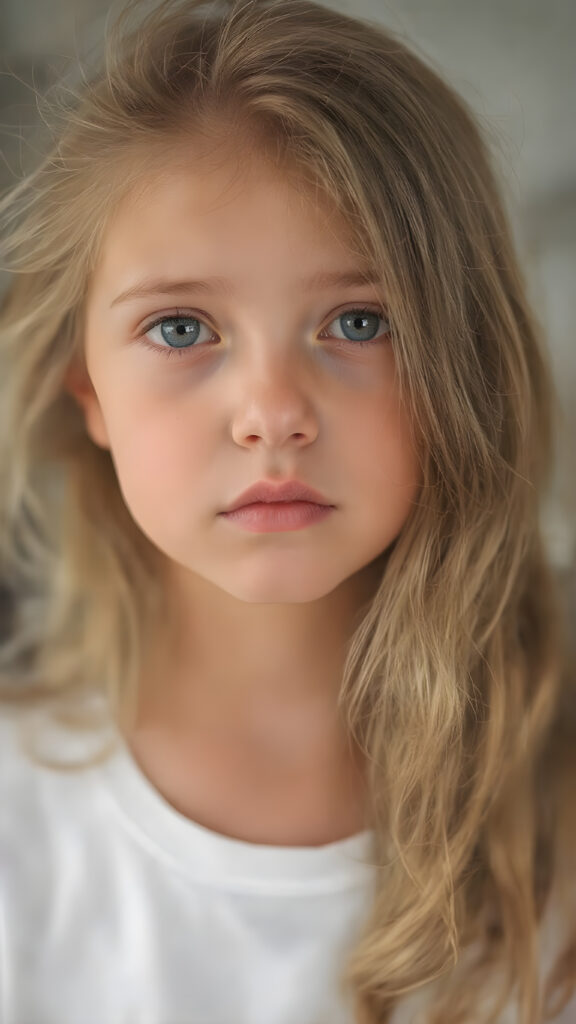 this young girl has beautiful long soft wavy hair, it falls over her shoulders and has a silky sheen, she wears a white t-shirt, round face, full lips, beatiful eyes (Portrait Close-up Volumetric lighting)