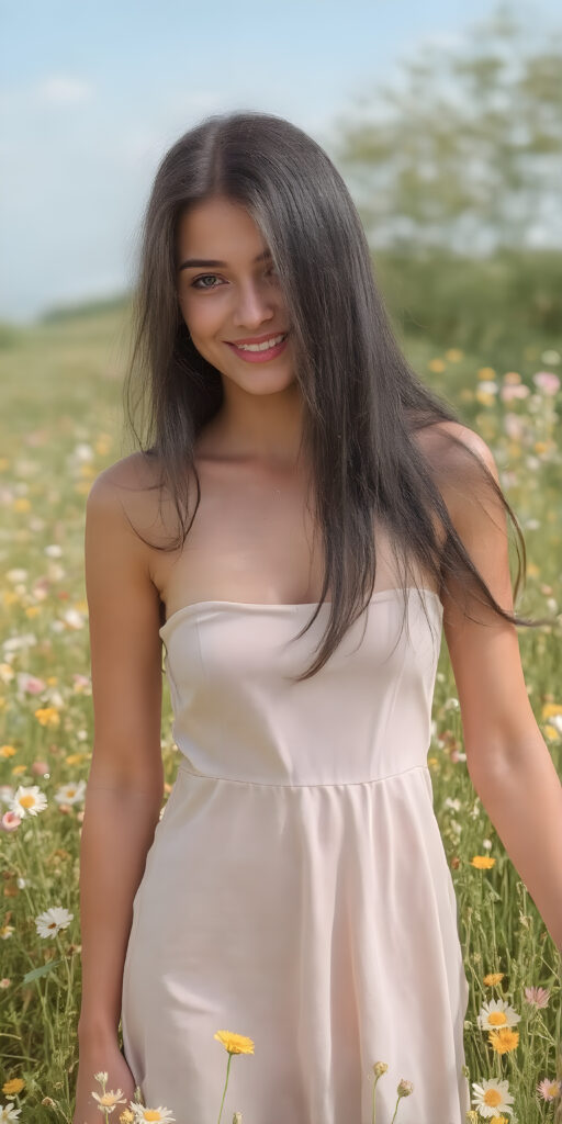 this young well busty teen girl radiates pure happiness, she has long soft black shiny straight hair, standing in a field of flowers and wearing a thin summer dress that perfectly emphasizes her perfect curved body. Warm rays of sunshine kiss her body, stunning, gorgeous, detailed, full body view