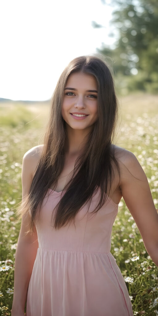 this young well busty teen girl radiates pure happiness, she has long soft black shiny straight hair, standing in a field of flowers and wearing a thin summer dress that perfectly emphasizes her perfect curved body. Warm rays of sunshine kiss her body, stunning, gorgeous, detailed, full body view