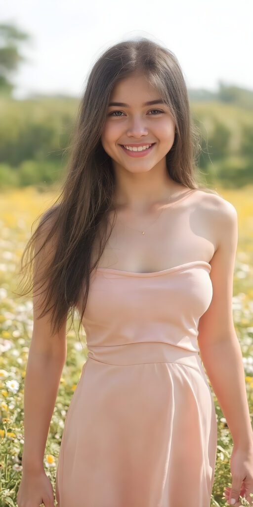 this young well busty teen girl radiates pure happiness, she has long soft black shiny straight hair, standing in a field of flowers and wearing a thin summer dress that perfectly emphasizes her perfect curved body. Warm rays of sunshine kiss her body, stunning, gorgeous, detailed, full body view