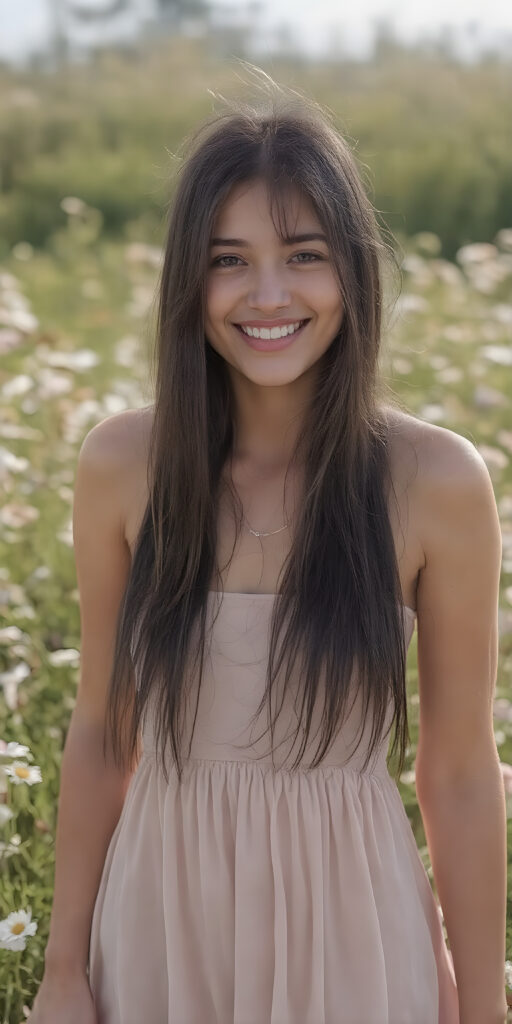 this young well busty teen girl radiates pure happiness, she has long soft black shiny straight hair, standing in a field of flowers and wearing a thin summer dress that perfectly emphasizes her perfect curved body. Warm rays of sunshine kiss her body, stunning, gorgeous, detailed, full body view