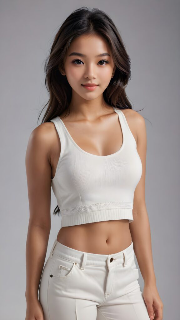 ((ultra detailed)) a cute tanned teen girl, smile, black long jet hair, accentuating her (((navel))) with a (white cropped tank top) made of fine wool, wide, baggy white pants, cut to frame her shape, perfect curved fit body, 16 years old ((korea)), deep v-neck, full kissable lips, with a (dimmed, detailed, natural light) backdrop