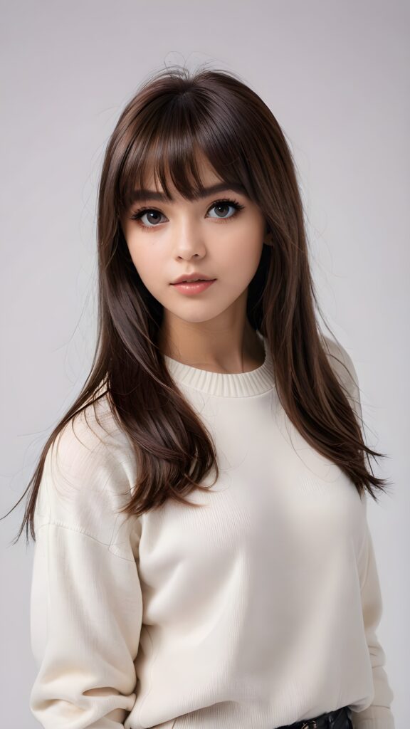 (ultra detailed), (((highly detailed dark brown straight jet hair, cute bangs cut))), (((black round shiny eyes))), (((white background))), (((cute teenage model girl))), full lips, fine short sweater that support her perfect curved body