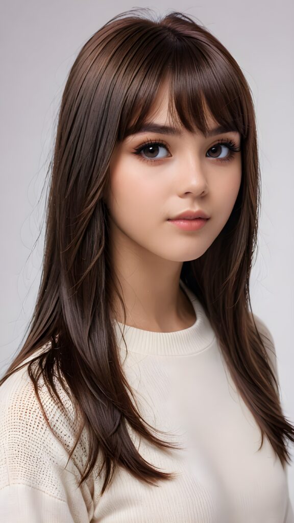 (ultra detailed), (((highly detailed dark brown straight jet hair, cute bangs cut))), (((black round shiny eyes))), (((white background))), (((cute teenage model girl))), full lips, fine short sweater that support her perfect curved body