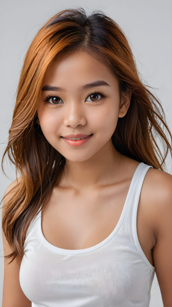 ultra detailed, hyper realistic 8k dynamic photography of very cute 16 years old Filipino girl, ((orange detailed straight full hair)), detailed eyes, looks happy at the camera, portrait shot, perfect curved body, ((white short tight tank top)), cinematic lights, empty background