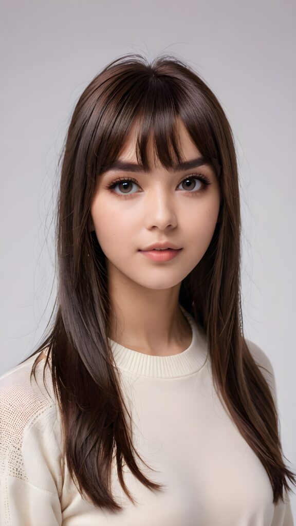 (ultra detailed), (((highly detailed dark brown straight jet hair, cute bangs cut))), (((black round shiny eyes))), (((white background))), (((cute teenage model girl))), full lips, fine short sweater that support her perfect curved body