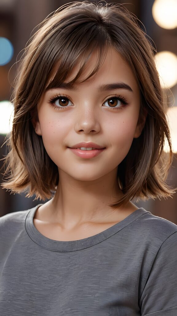 ((upper body)) of ((cute)) ((attractive)) ((gorgeous)) ((stunning)) a beautifully realistic, cinematic lights, teen girl, 13 years old, bangs haircut, detailed straight (brown) hair, realistic detailed round face, ((realistic detailed brown eye)) looks at the camera, warm smile, perfect curved, wears a super short tight (grey t-shirt), perfect anatomy, side perspective