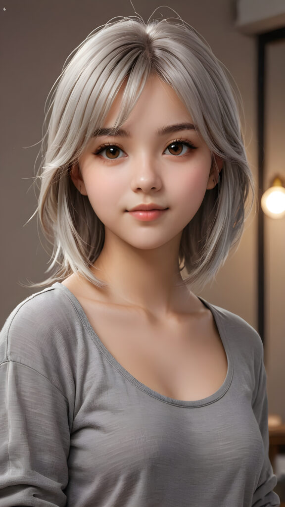 ((upper body)) of ((cute)) ((attractive)) ((gorgeous)) ((stunning)) a beautifully realistic, cinematic lights, teen girl, 13 years old, bangs haircut, detailed straight (platinum white) hair, realistic detailed round face, ((realistic detailed brown eye)) looks at the camera, warm smile, perfect curved, wears a super short tight (grey shirt), perfect anatomy, side perspective