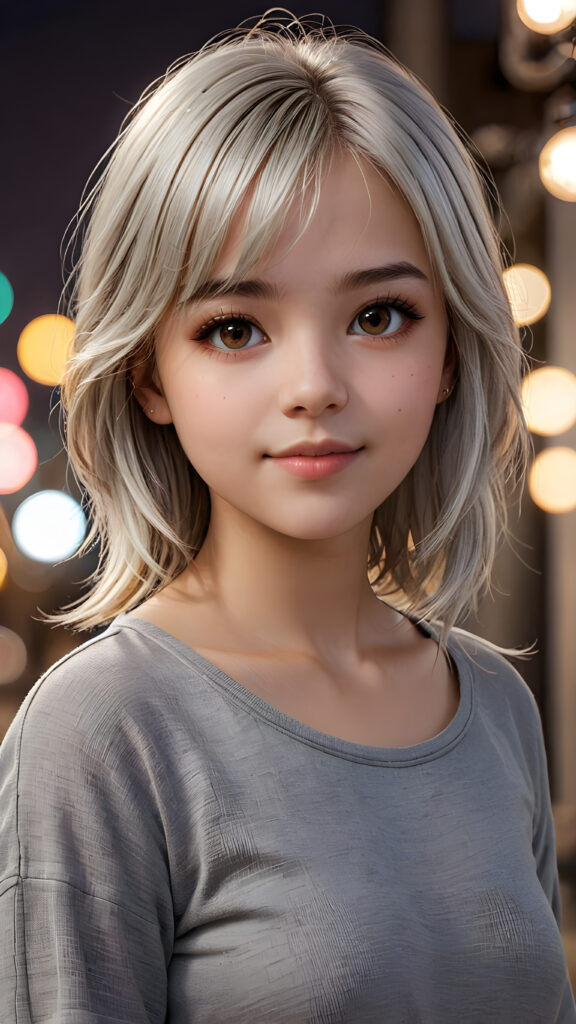 ((upper body)) of ((cute)) ((attractive)) ((gorgeous)) ((stunning)) a beautifully realistic, cinematic lights, teen girl, 13 years old, bangs haircut, detailed straight (platinum white) hair, realistic detailed round face, ((realistic detailed brown eye)) looks at the camera, warm smile, perfect curved, wears a super short tight (grey shirt), perfect anatomy, side perspective