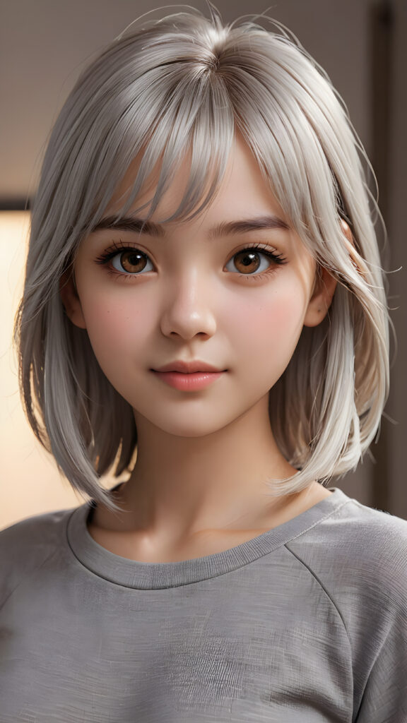 ((upper body)) of ((cute)) ((attractive)) ((gorgeous)) ((stunning)) a beautifully realistic, cinematic lights, teen girl, 13 years old, bangs haircut, detailed straight (platinum white) hair, realistic detailed round face, ((realistic detailed brown eye)) looks at the camera, warm smile, perfect curved, wears a super short tight (grey shirt), perfect anatomy, side perspective